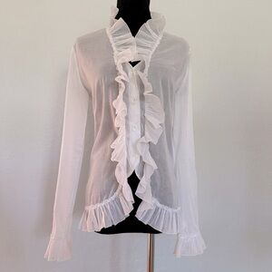 Alexander McQuee blouse, Vintage, white, size 42, translucent blouse with ruffle